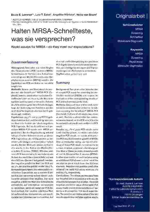 Vorschauseite 1: Halten MRSA-Schnellteste, was sie versprechen?