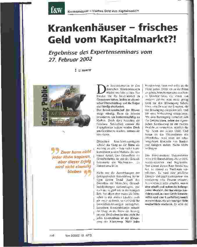 Vorschauseite 1: Krankenhäuser - frisches Geld vom Kapitalmarkt? !
