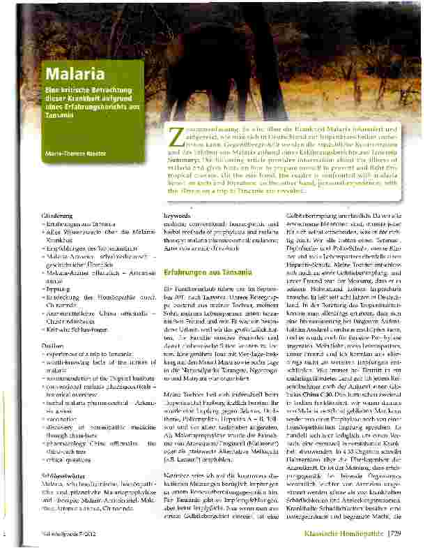 Vorschauseite 1: Malaria - Eine kritische Betrachtung dieser Krankheit aufgrund eines Erfahrungsberichts aus Tansania