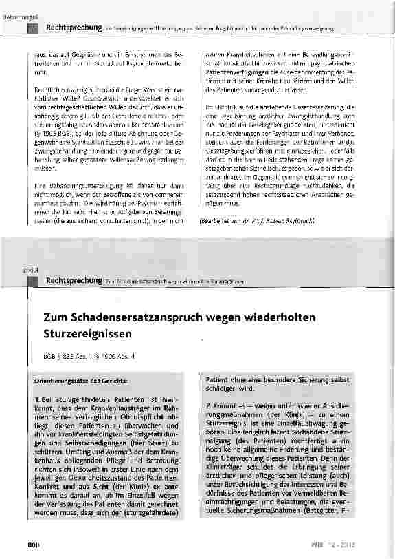 Vorschauseite 1: Zum Schadensersatzanspruch wegen wiederholten Sturzereignissen BGB § 823 Abs. 1, § 1906 Abs. 4