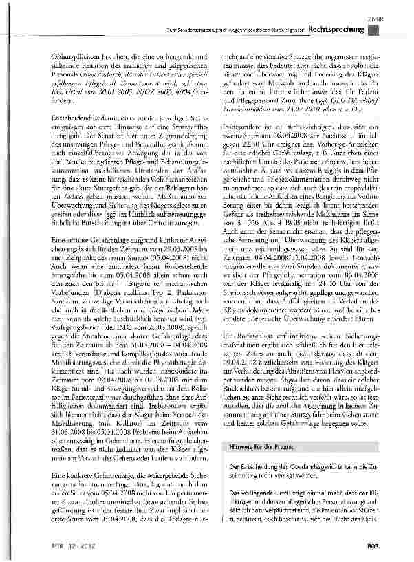 Vorschauseite 4: Zum Schadensersatzanspruch wegen wiederholten Sturzereignissen BGB § 823 Abs. 1, § 1906 Abs. 4