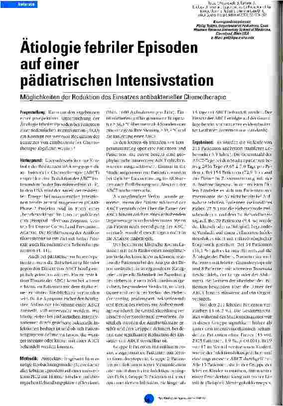 Vorschauseite 1: Ätiologie febriler Episoden auf einer pädiatrischen Intensivstation