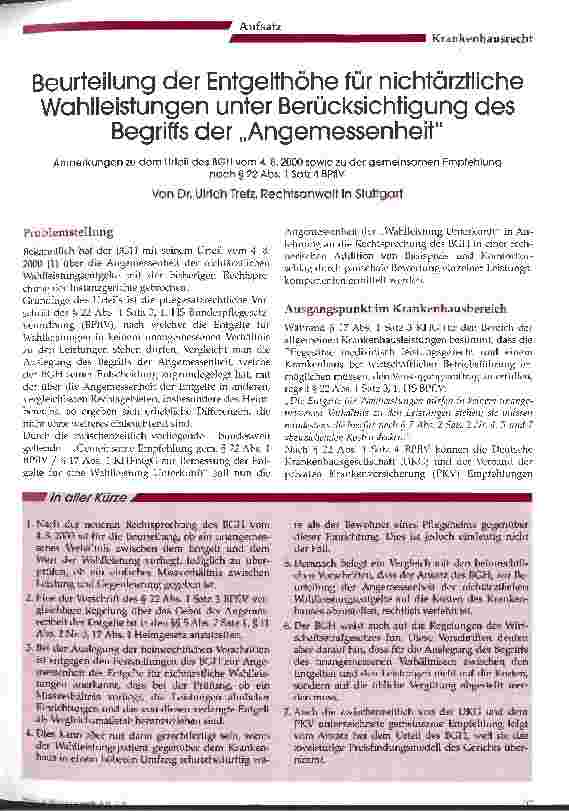Vorschauseite 1: Beurteilung und Entgelthöhe für nichtärztliche Wahlleistungen unter Berücksichtigung des Begriffs der Angemessenheit
