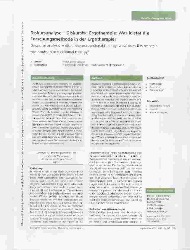 Vorschauseite 1: Diskursanalyse Diskursive Ergotherapie: Was leistet die Forschungsmethode in der Ergotherapie?