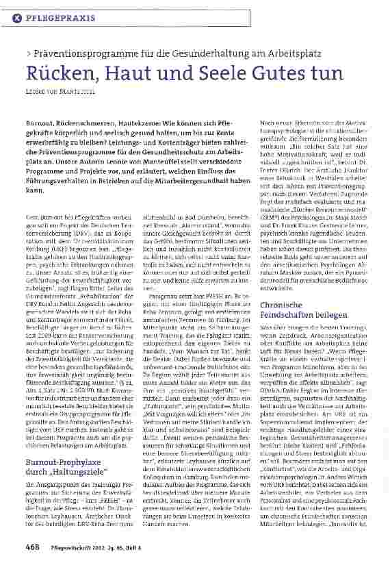 Vorschauseite 1: Rücken, Haut und Seele Gutes tun Präventionsprogramme für die Gesunderhaltung am Arbeitsplatz