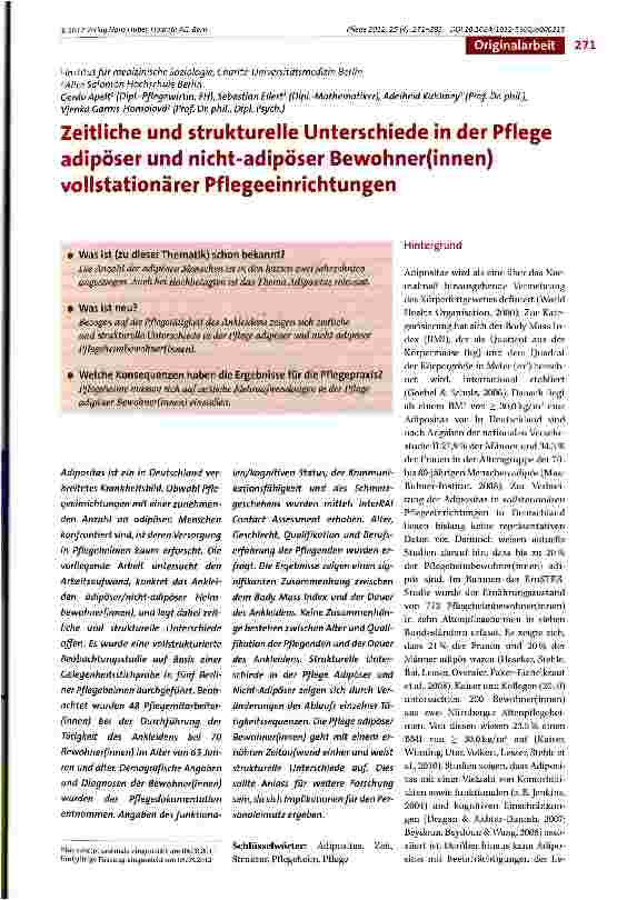 Vorschauseite 1: Zeitliche und strukturelle Unterschiede in der Pflege adipöser und nicht-adipöser Bewohner(innen) vollstationärer Pflegeeinrichtungen