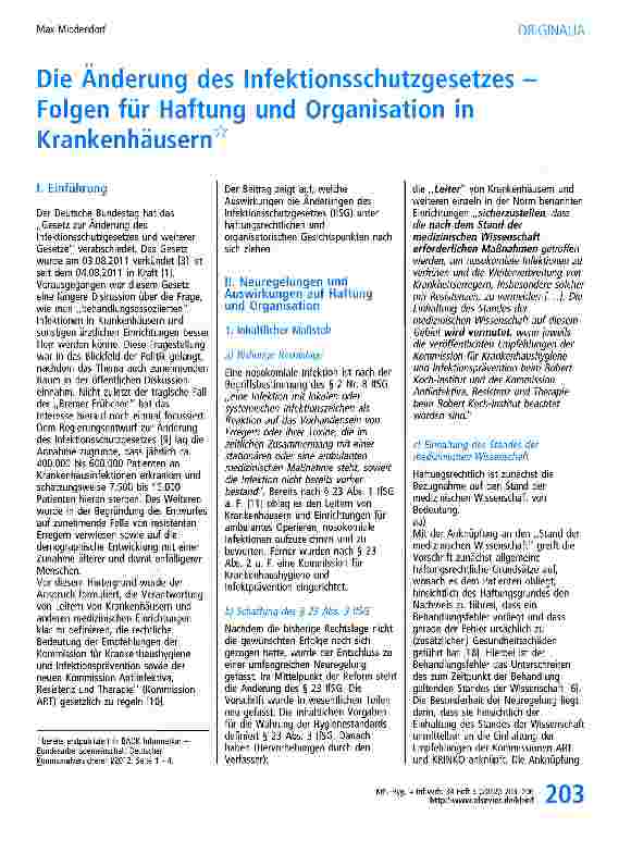 Vorschauseite 1: Die Änderung des Infektionsschutzgesetzes -Folgen für Haftung und Organisation in Krankenhäusern
