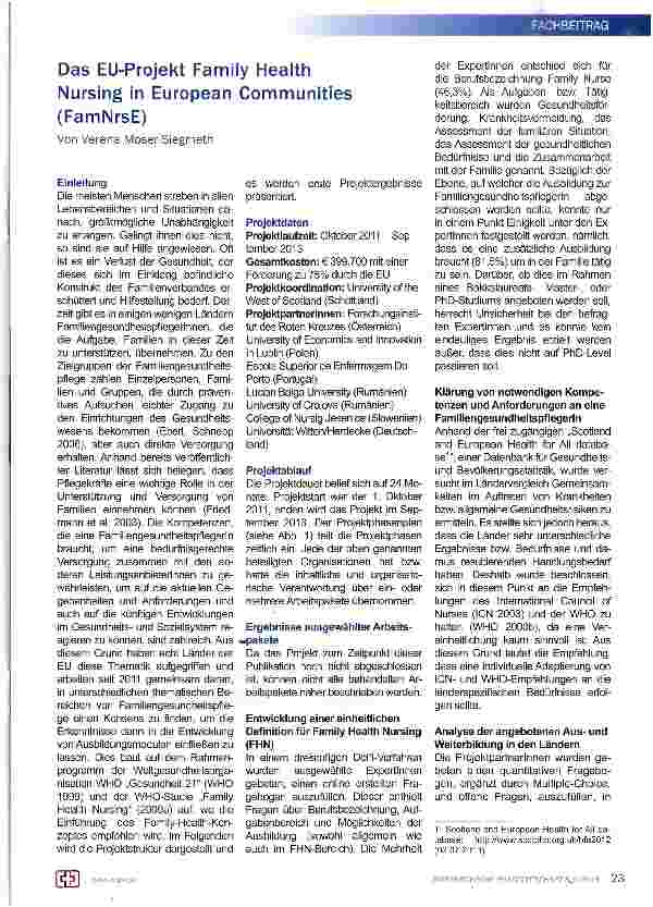 Vorschauseite 1: Das EU-Projekt Family Health Nursing in European Communities (FamNrsE)