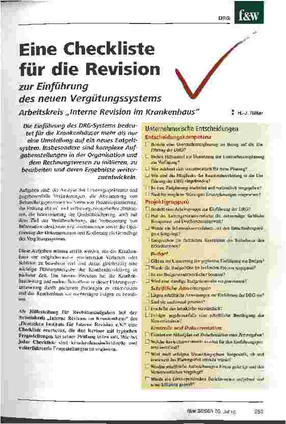 Vorschauseite 1: Eine Checkliste für die Revision zur Einführung des neuen Vergütungssystems Arbeitskreis Interne Revision im Krankenhaus