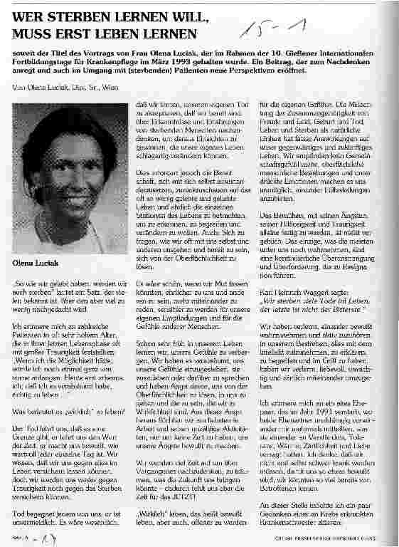Vorschauseite 1: Wer sterben will, muß erst leben lernen Vortrag 10. Gießener Int. Fortbildungstage, März 1993