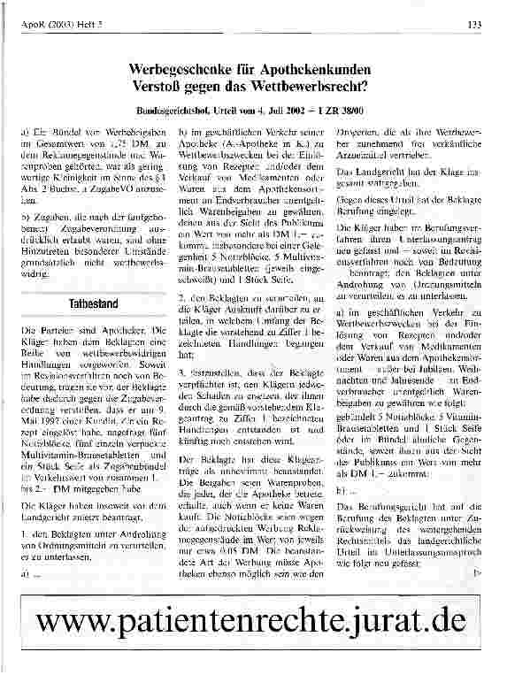 Vorschauseite 1: Werbegeschenke für Apothekenkunden - Verstoß gegen das Wettbewerbsrecht? Bundesgerichtshof, Urteil vom 4. Juli 2002