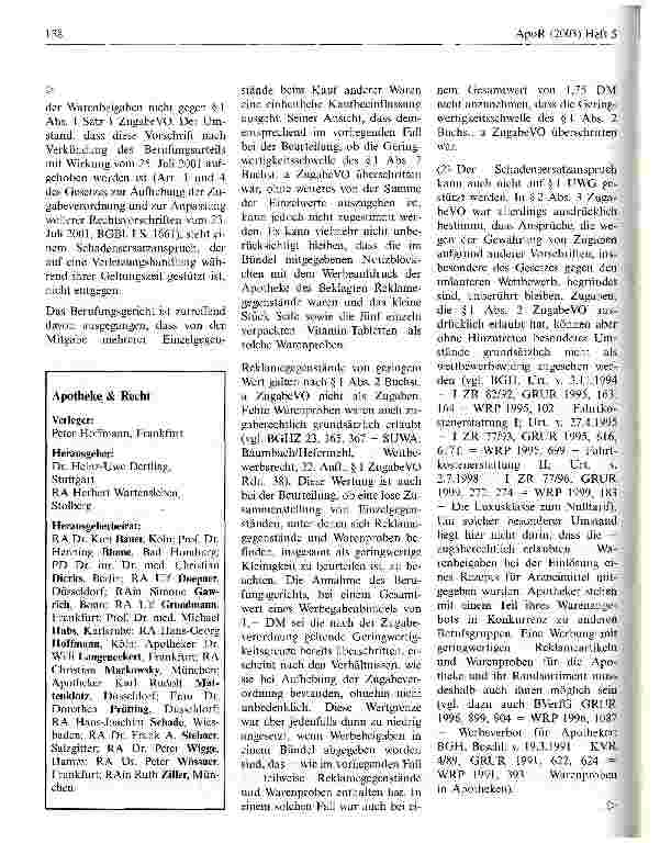 Vorschauseite 6: Werbegeschenke für Apothekenkunden - Verstoß gegen das Wettbewerbsrecht? Bundesgerichtshof, Urteil vom 4. Juli 2002