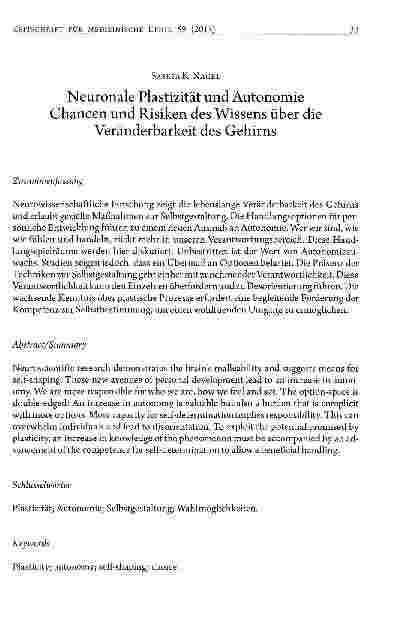 Vorschauseite 1: Neuronale Plastizität und Autonomie Chancen und Risiken des Wissens über die Veränderbarkeit des Gehirns