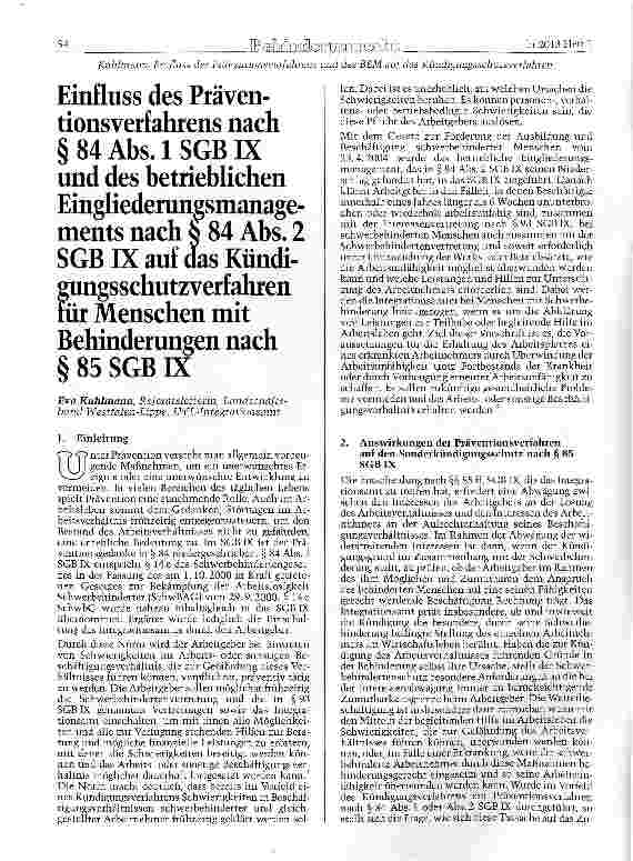 Vorschauseite 1: Einfluss des Präventionsverfahrens nach § 84 Abs. 1 SGBIX und des betrieblichen Eingliederungsmanagements nach § 84 Abs. 2 SGB IX auf das Kündigungsschutzverfahren nir Menschen mi…