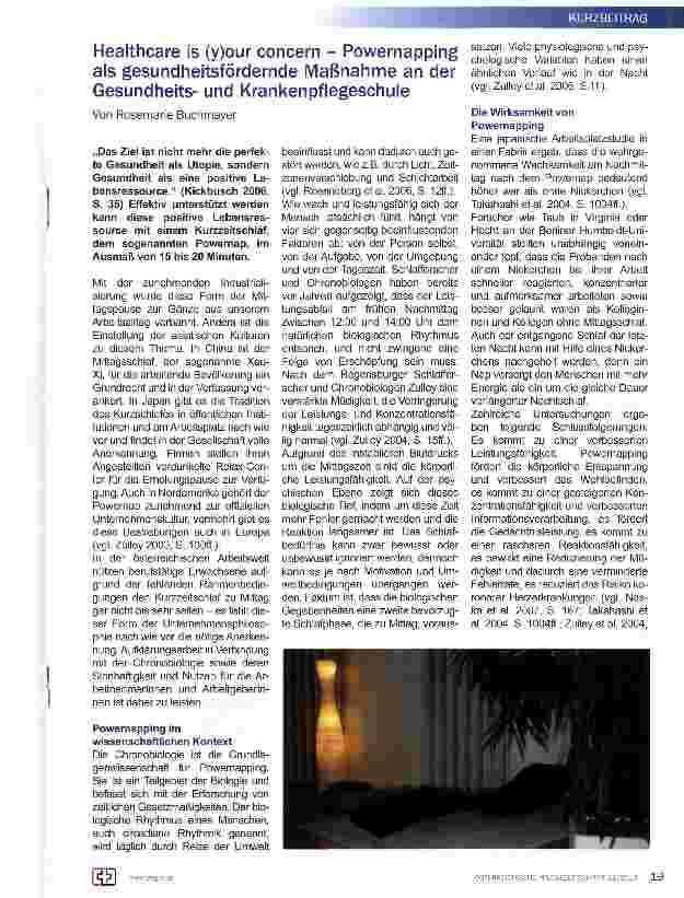 Vorschauseite 1: Healthcare is (y)our concern - Powernapping als gesundheitsfördernde Maßnahme an der Gesundheitsund Krankenpflegeschule