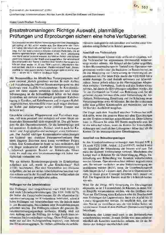 Vorschauseite 1: Ersatzstromanlagen: Richtige Auswahl planmäßige Prüfungen u. Erprobungen sichern eine hohe Verfügbarkeit