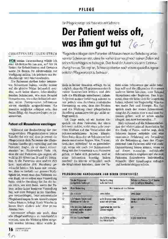 Vorschauseite 1: Der Patient weiß oft, was ihm gut tut Ein Pflegekonzept bei Patienten mit Schmerz