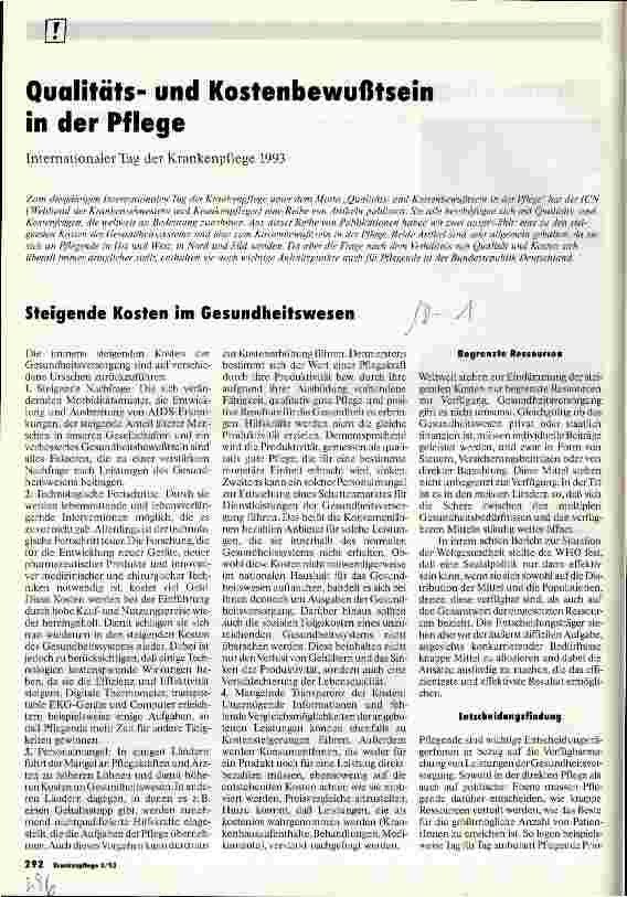 Vorschauseite 1: Qualitätsund Kostenbewußtsein in der Pflege Internationaler Tag der Krankenpflege 1993
