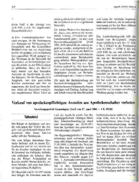 Vorschauseite 1: Verkauf von apothekenpflichtigen Arzneien am Apothekenschalter verboten Verwaltungsgericht Sigmaringen, Urteil vom 17. April 2002