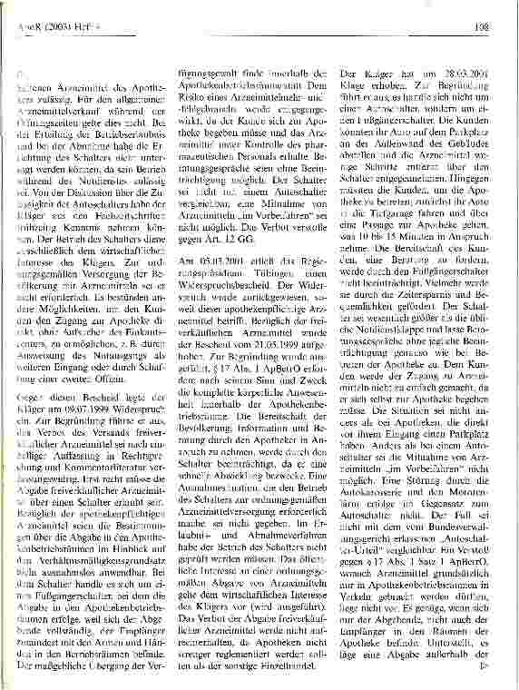Vorschauseite 2: Verkauf von apothekenpflichtigen Arzneien am Apothekenschalter verboten Verwaltungsgericht Sigmaringen, Urteil vom 17. April 2002