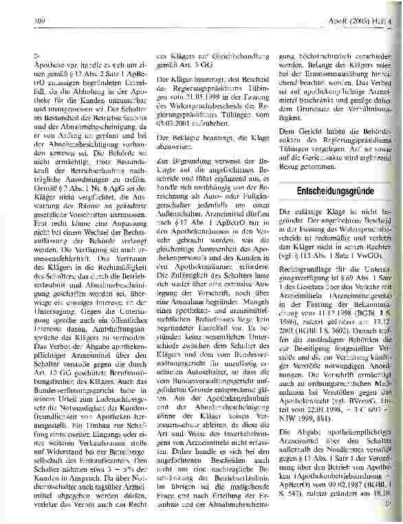 Vorschauseite 3: Verkauf von apothekenpflichtigen Arzneien am Apothekenschalter verboten Verwaltungsgericht Sigmaringen, Urteil vom 17. April 2002