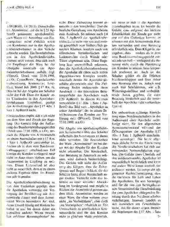 Vorschauseite 4: Verkauf von apothekenpflichtigen Arzneien am Apothekenschalter verboten Verwaltungsgericht Sigmaringen, Urteil vom 17. April 2002