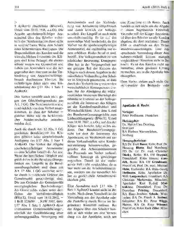 Vorschauseite 5: Verkauf von apothekenpflichtigen Arzneien am Apothekenschalter verboten Verwaltungsgericht Sigmaringen, Urteil vom 17. April 2002
