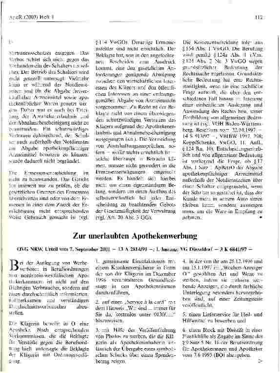 Vorschauseite 6: Verkauf von apothekenpflichtigen Arzneien am Apothekenschalter verboten Verwaltungsgericht Sigmaringen, Urteil vom 17. April 2002