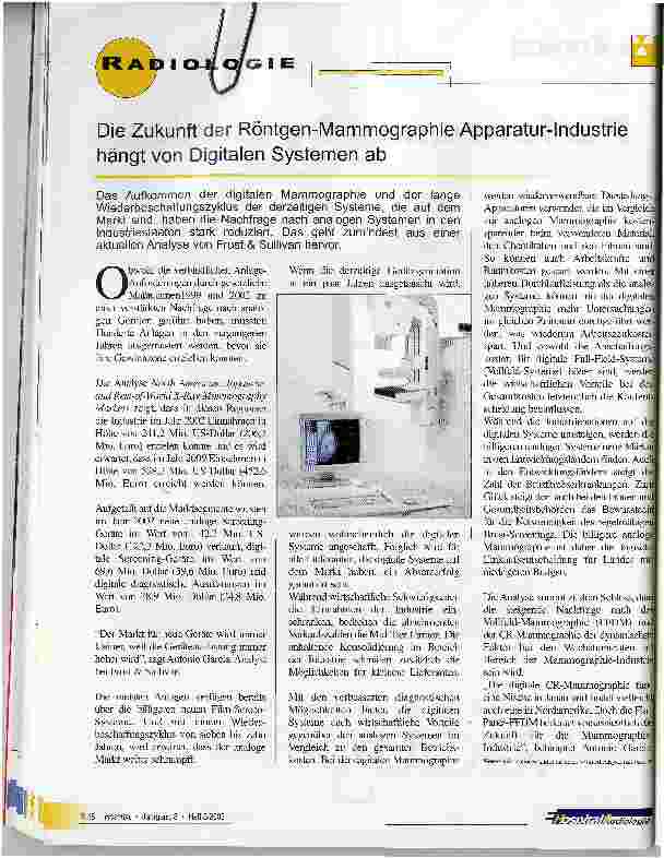 Vorschauseite 1: Die Zukunft der Röntgen-Mammographie Apparatur-Industrie hängt von Digitalen Systemen ab