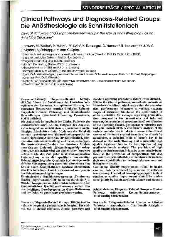 Vorschauseite 1: Clinical Pathways und Diagnosis-Related Groups: Die Anästhesiologie als Schnittstellenfach