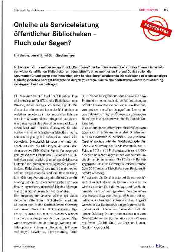 Vorschauseite 1: Onleihe als Serviceleistung öffentlicher Bibliotheken -Fluch oder Segen?