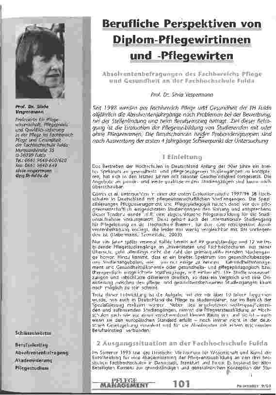 Vorschauseite 1: Berufliche Perspektiven von Diplom-Pflegewirtinnen und -Pflegewirten Absolventenbefragungen des Fachbereichs Pflege und Gesundheit an der Fachhochschule Fulda