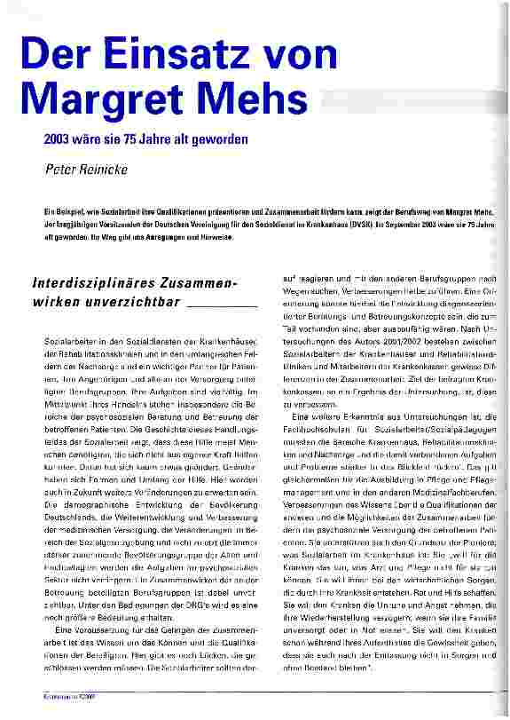 Vorschauseite 1: Der Einsatz von Margret Mehs 2003 wäre sie 75 Jahre alt geworden