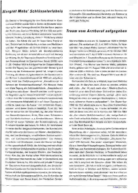 Vorschauseite 2: Der Einsatz von Margret Mehs 2003 wäre sie 75 Jahre alt geworden