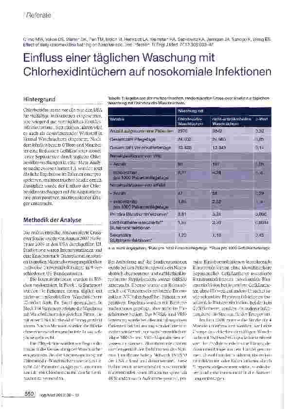 Vorschauseite 1: Einfluss einer täglichen Waschung mit Chlorhexidintüchern auf nosokomiale Infektionen
