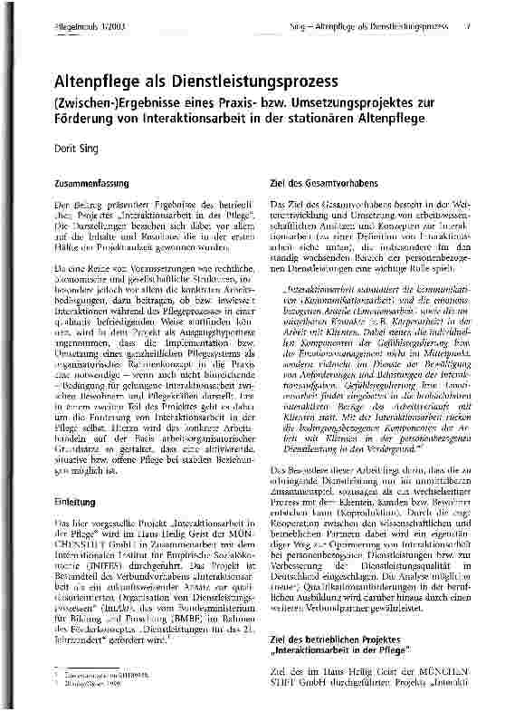 Vorschauseite 1: Altenpflege als Dienstleistungsprozess (Zwischen-)Ergebnisse eines Praxisbzw. Umsetzungsprojektes zur Förderung von Interaktionsarbeit in der stationären Altenpflege