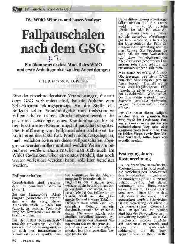 Vorschauseite 1: Fallpauschalen nach dem GesundheitsStrukturGesetz WIdO Winner und Loser Ein ökonomisches Modell und erste Anhaltspunkte zu den Auswirkungen
