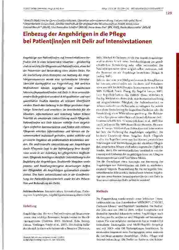 Vorschauseite 1: Einbezug der Angehörigen in die Pflege bei Patient(inn)en mit Delir auf Intensivstationen