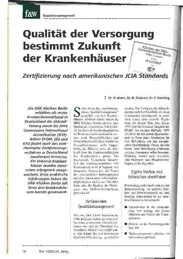 Vorschauseite 1: Qualität der Versorgung bestimmt Zukunft der Krankenhäuser Zertifizierung nach amerikanischen JCIA Standards