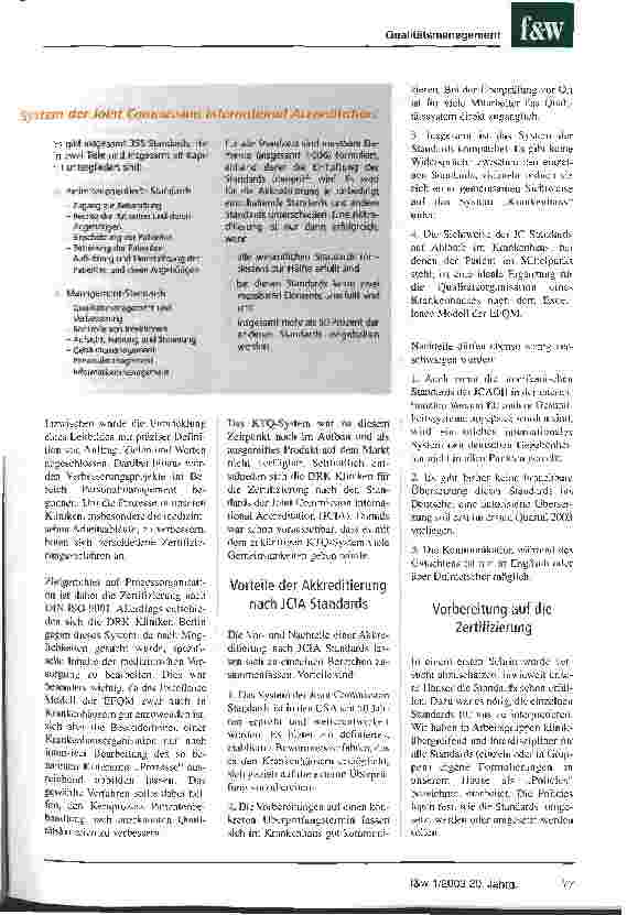 Vorschauseite 2: Qualität der Versorgung bestimmt Zukunft der Krankenhäuser Zertifizierung nach amerikanischen JCIA Standards