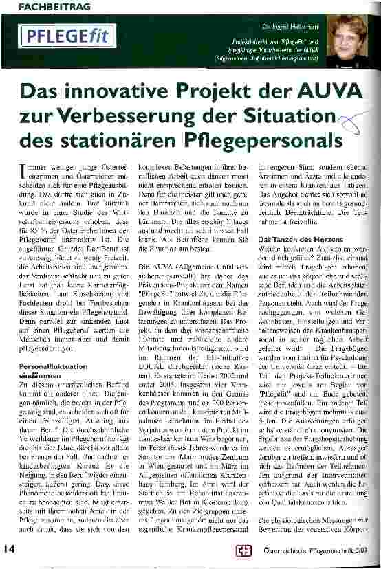 Vorschauseite 1: Das innovative Projekt der AUVA zur Verbesserung der Situation des stationären Pflegepersonals