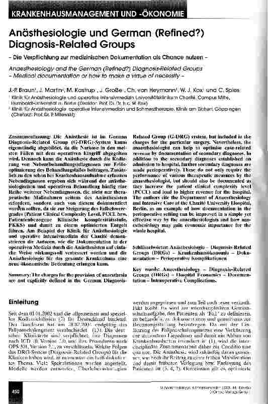 Vorschauseite 1: Anästhesiologie und German (Refined?) Diagnosis-Related Groups Die Verpflichtung zur medizinischen Dokumentation als Chance nutzen