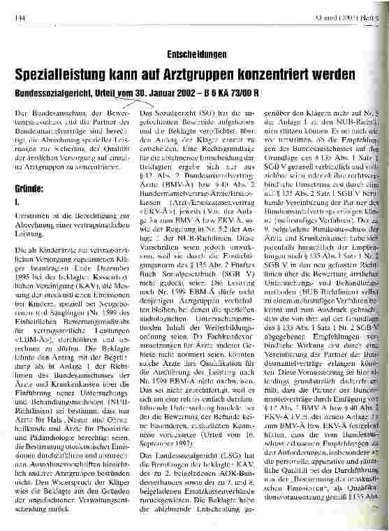 Vorschauseite 1: Spezialleistung kann auf Artzgruppen konzentriert werden Bundessozialgericht, Urteil vom 30. Januar 2002