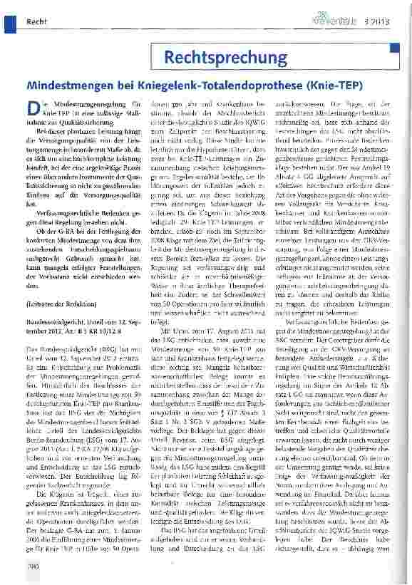 Vorschauseite 1: Mindestmengen bei Kniegelenk-Totalendoprothese (Knie-TEP)