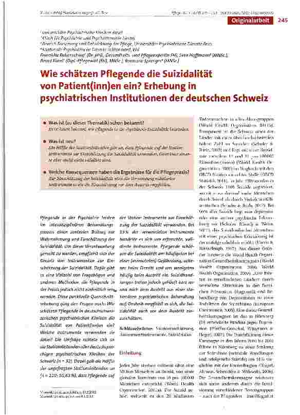 Vorschauseite 1: Wie schätzen Pflegende die Suizidalität von Patient(inn)en ein? Erhebung in psychiatrischen Institutionen der deutschen Schweiz