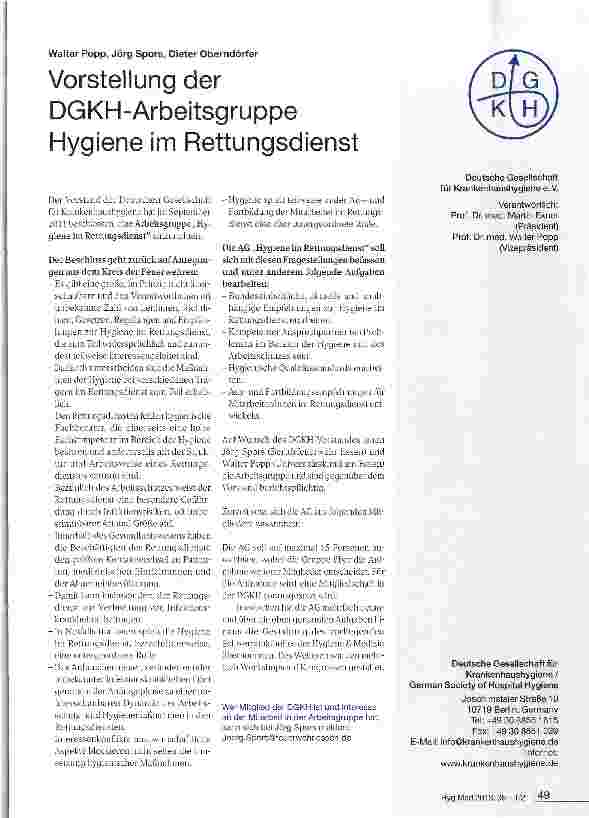 Vorschauseite 1: Vorstellung der DGKH-Arbeitsgruppe Hygiene im Rettungsdienst