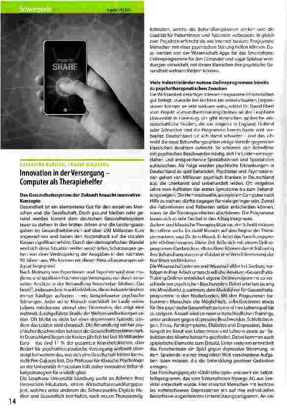 Vorschauseite 1: Innovation in der Versorgung -Computer als Therapiehelfer