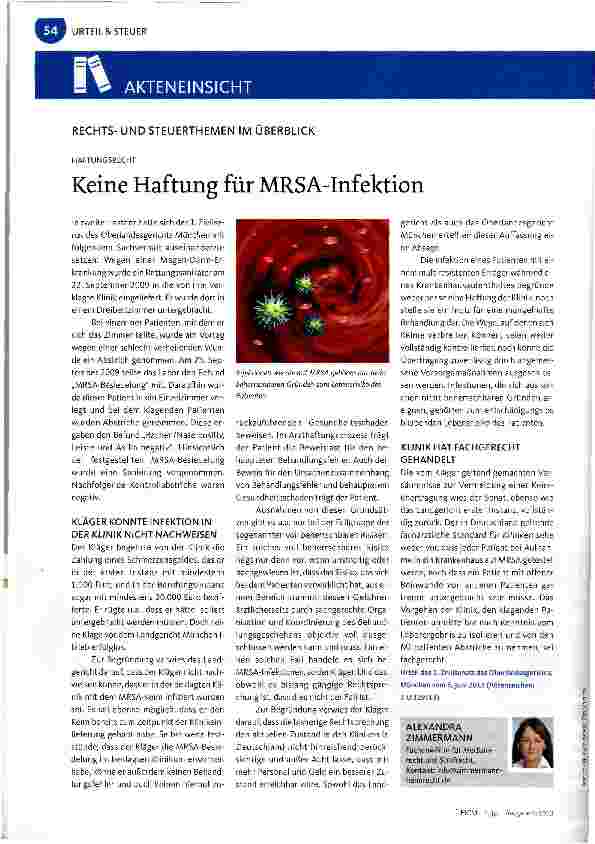 Vorschauseite 1: Keine Haftung für MRSA-Infektion