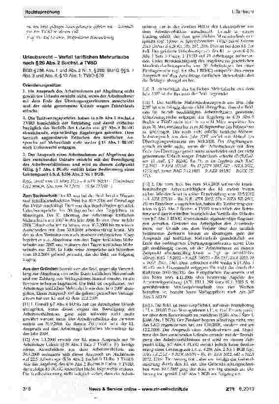 Vorschauseite 1: Urlaubsrecht - Verfall tariflichen Mehrurlaubs nach §26 Abs. 2 Buchst, a TVöDBGB §286 Abs.1 und Abs. 2 Nr.1, §288; BUrIG §§5, 7 Abs. 3 und Abs. 4, §13 Abs. 1; TVöD §26