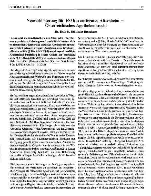 Vorschauseite 1: Neuverblisterung für 160 km entferntes Altersheim — Österreichisches Apothekenkrecht